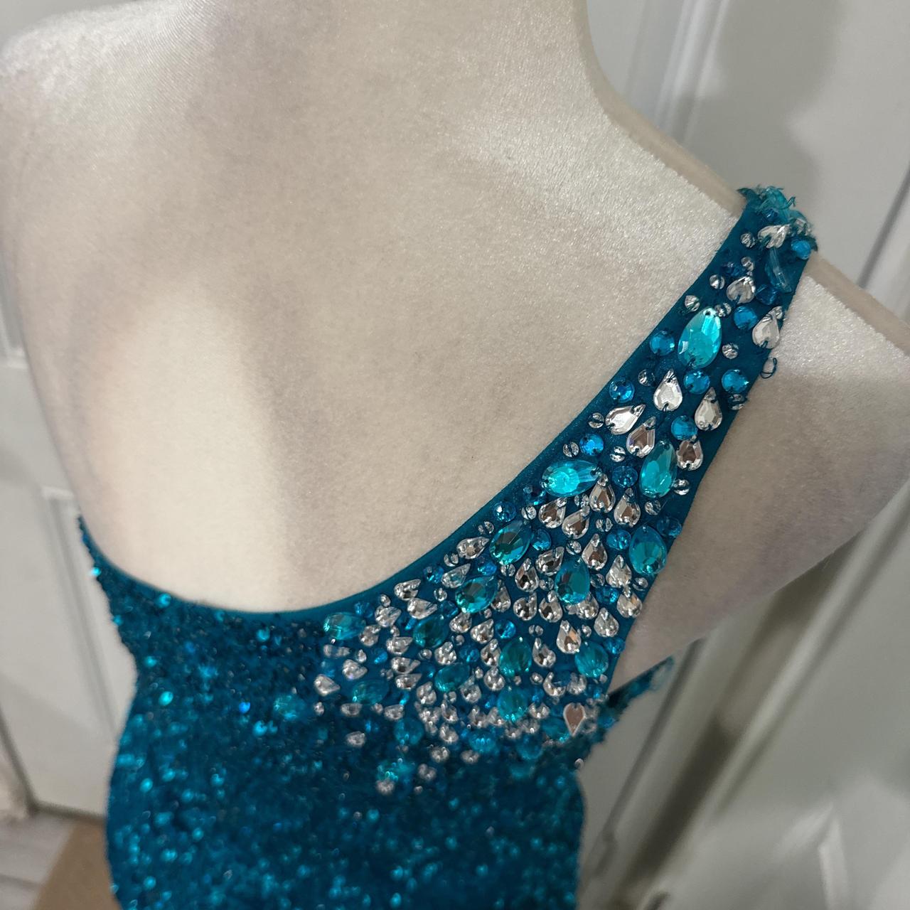 Robe de soirée longue élégante à paillettes bleu paon, brillante, gh4567