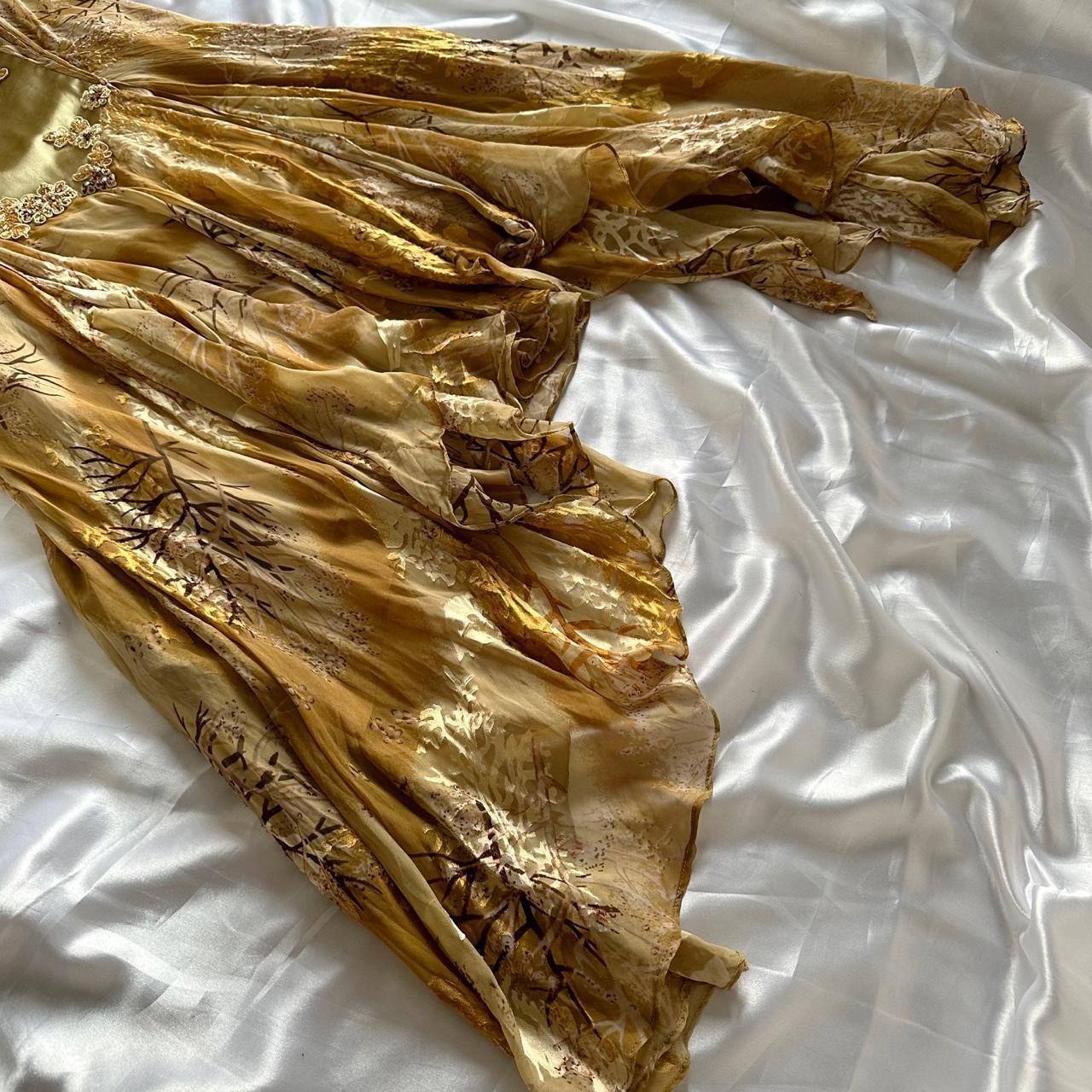 Gold Umwerfend Schönes Charmantes Elegantes Exquisites Blumenmuster Perlen Trägerloses Langes Satin Chiffon Ballkleid Abendkleid Partykleid Ballkleid gh3824