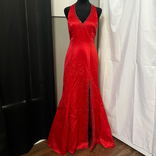 Cherry Red Vintage Exquisite Beading Gorgeous Bright Sexy Backless Long Satin Slit Formal Prom Dress Evening Dress Wedding Guest Dress Birthday Party Dress gh3630