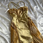 Gold Umwerfend Schönes Charmantes Elegantes Exquisites Blumenmuster Perlen Trägerloses Langes Satin Chiffon Ballkleid Abendkleid Partykleid Ballkleid gh3824