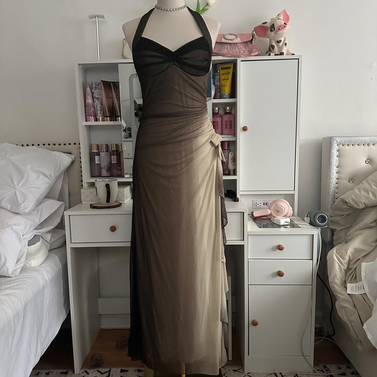 Brown and cream fashion gradient beautiful unique glitter maxi dress suspender vintage elegant long chiffon tulle ball gown evening dress party dress prom dress gh3880