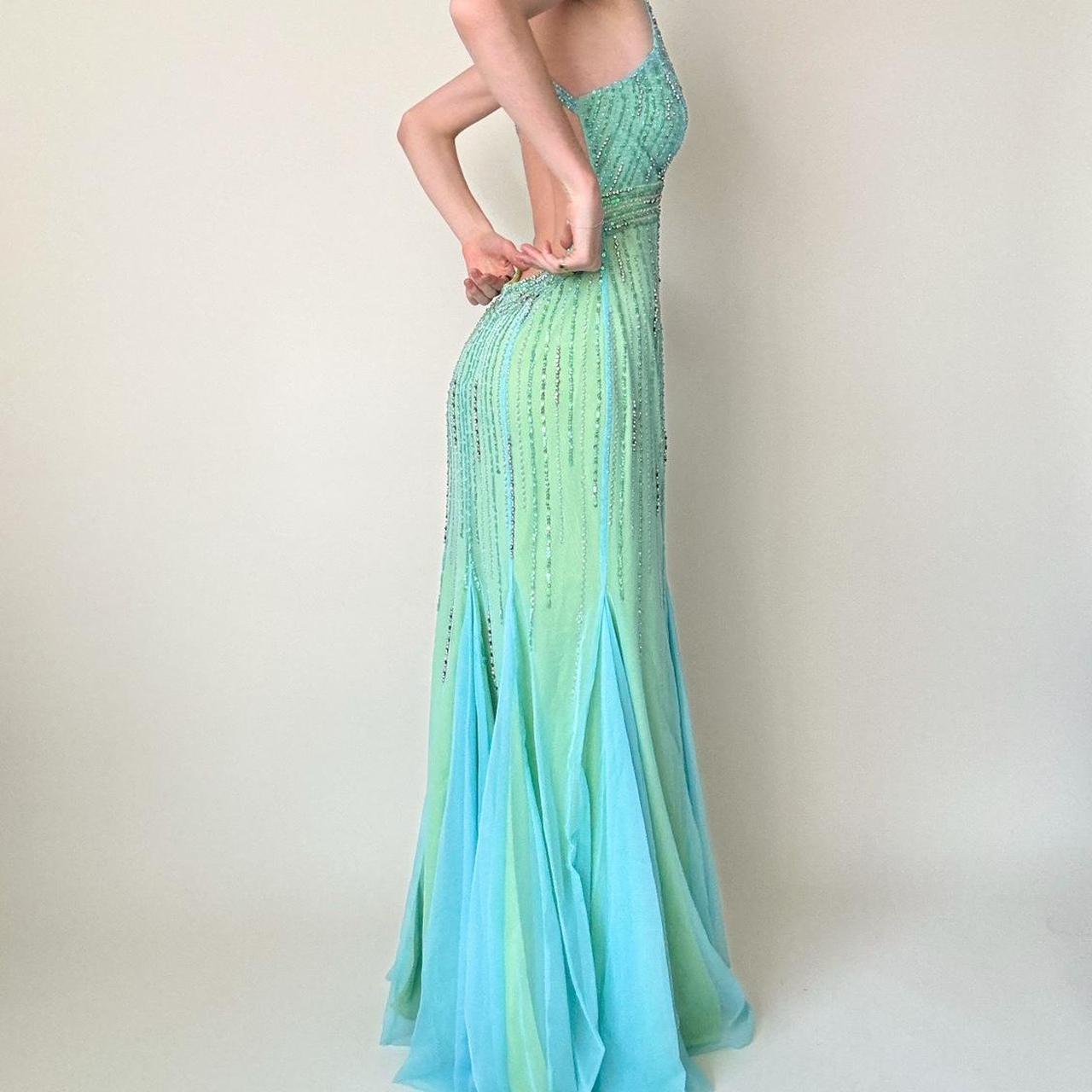 Robe de bal longue en tulle vert bleu vintage avec perles et strass pour femme, coupe sirène, coupe ajustée, dos nu, superbe robe de soirée formelle, gh4589