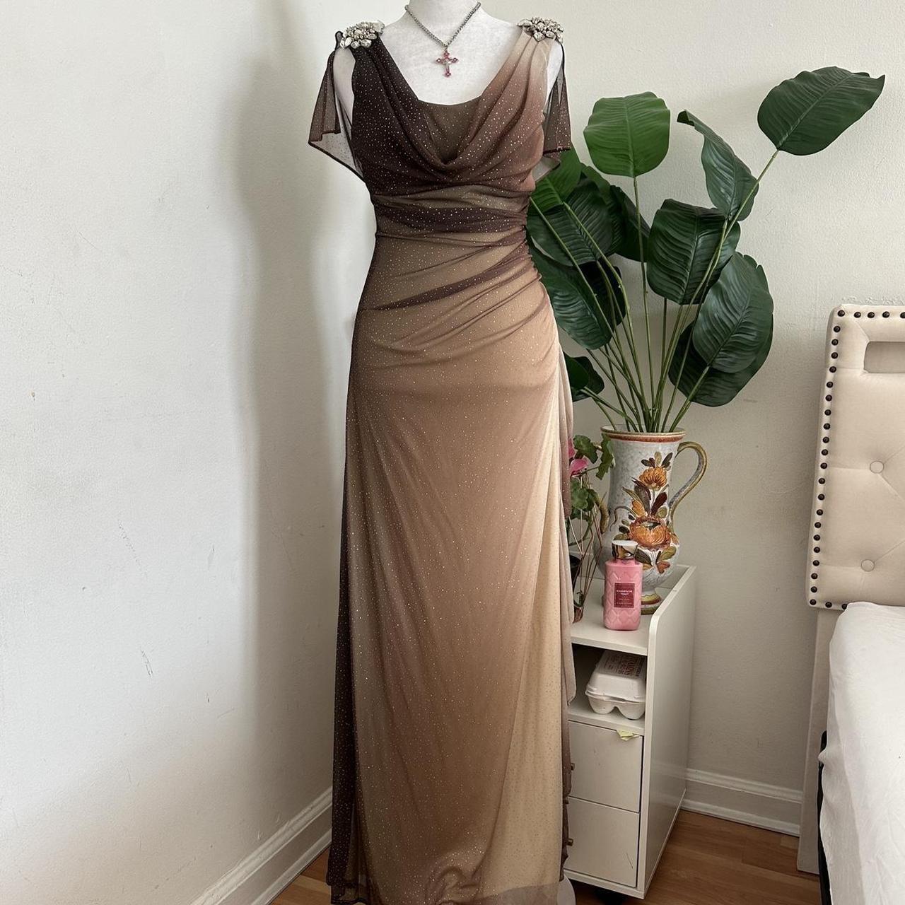 Robe de soirée longue en mousseline de soie, élégante et délicate, avec strass, style vintage, scintillante, marron et crème, ombrée, superbe, robe de fête d'anniversaire, robe de bal féerique, robe de remise de diplôme, gh3891