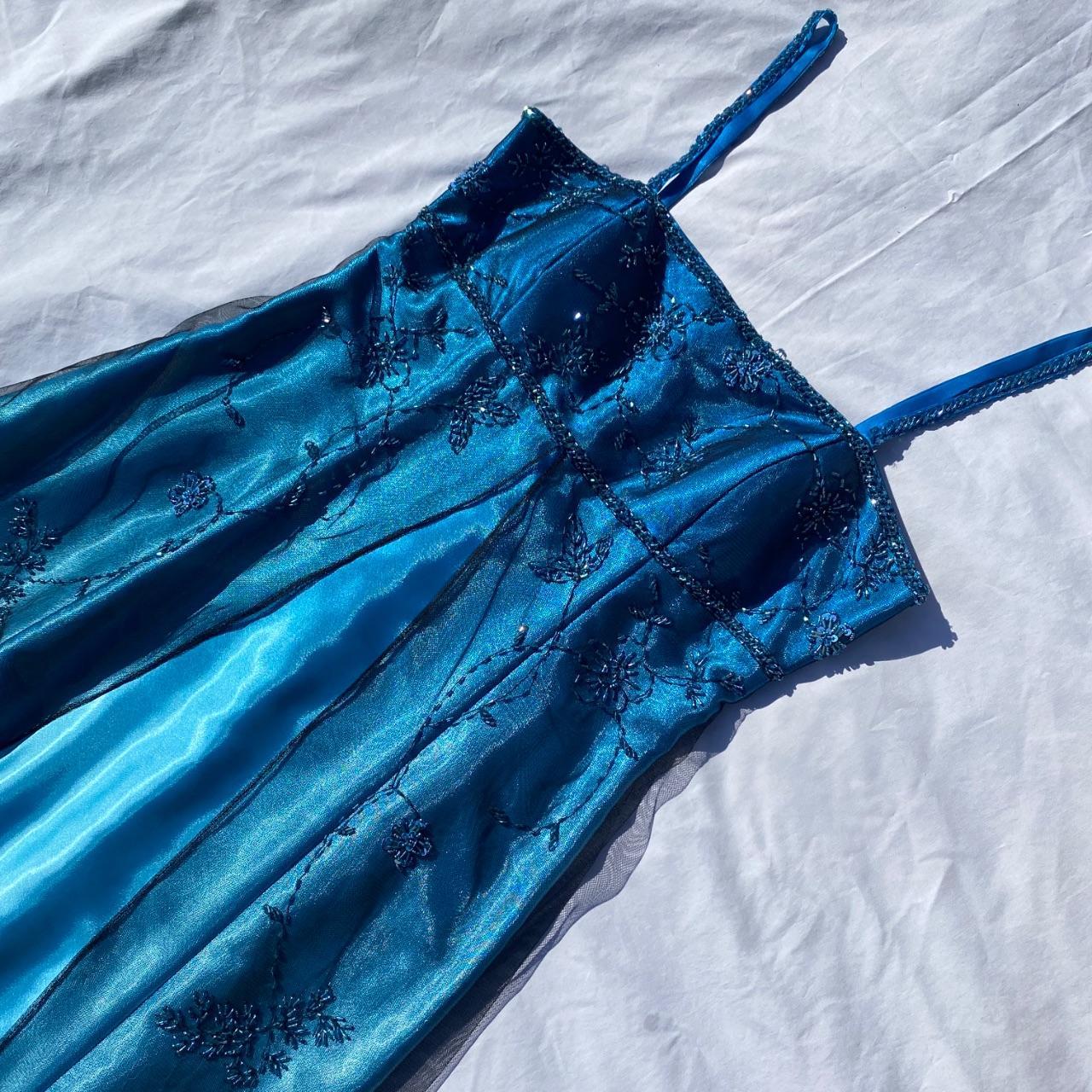 Robe de soirée longue en satin et tulle, style vintage, bleu délicat, motif floral, perles, ombré, bretelles spaghetti, col carré, robe de bal, robe de fête d'anniversaire, gh3957