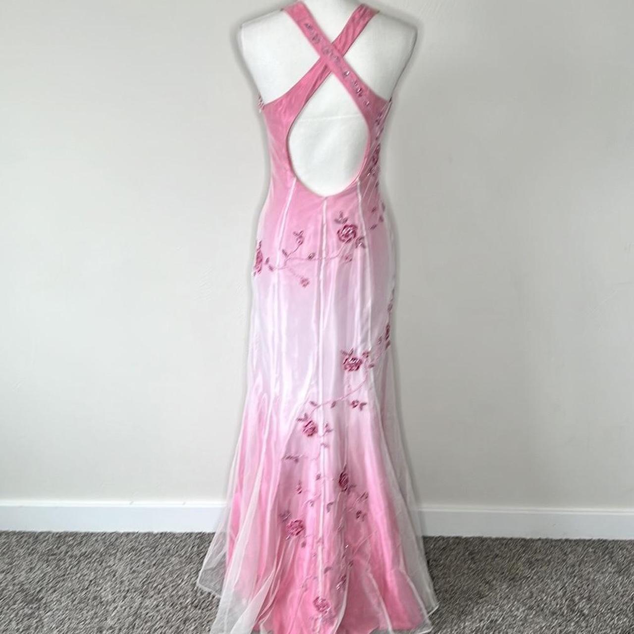 Robe de soirée longue en satin et tulle rose, élégante, col en V, motif floral exquis, perles, dos nu, dégradé de couleurs, gh3577