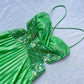 Robe de soirée en satin vert vintage, décolleté plongeant en V, exquise, à paillettes et perles, longue, dos nu, robe de bal, robe de soirée, robe de fête d'anniversaire, gh3960