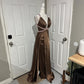 Robe de soirée longue en satin marron, élégante et perlée, col en V, robe de bal, gh4568