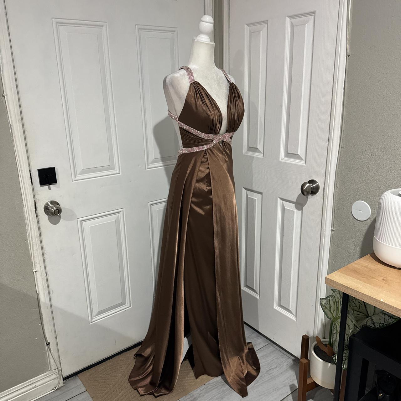 Robe de soirée longue en satin marron, élégante et perlée, col en V, robe de bal, gh4568