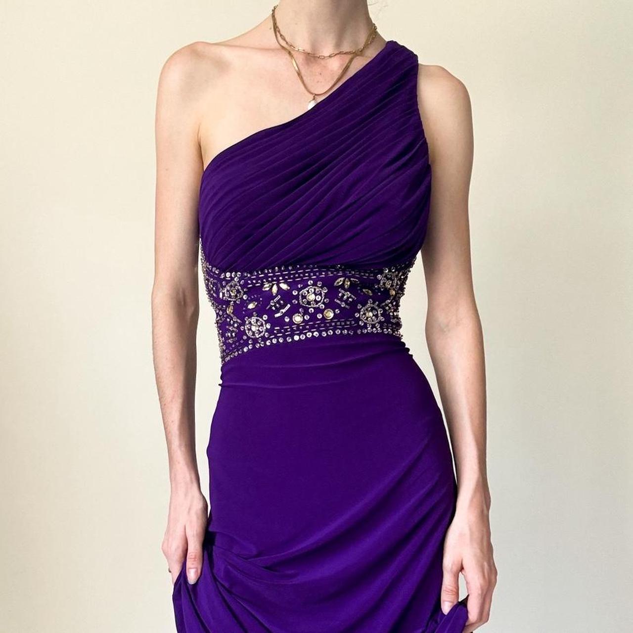 Robe de soirée violette asymétrique à bretelles longues et perles, épaules dénudées, gh4590