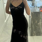 Black stylish elegant exquisite floral spaghetti strap long chiffon ball gown evening dress with jacket gh3299