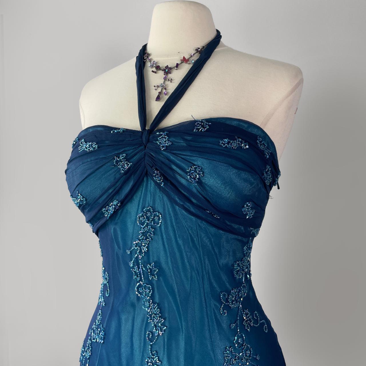 Dark Blue Fairy Mermaid Beaded Long Chiffon Formal Prom Evening Dress Wedding Guest Party Gown Dress Greek Halter Neck gh3617b