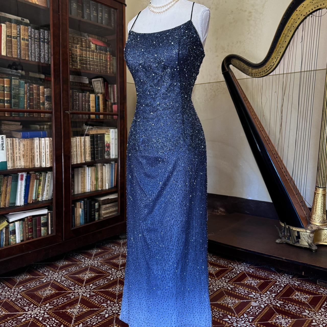 Girlhomeshops--Vintage blue grey gradient beaded sequined long chiffon prom dress gh5540