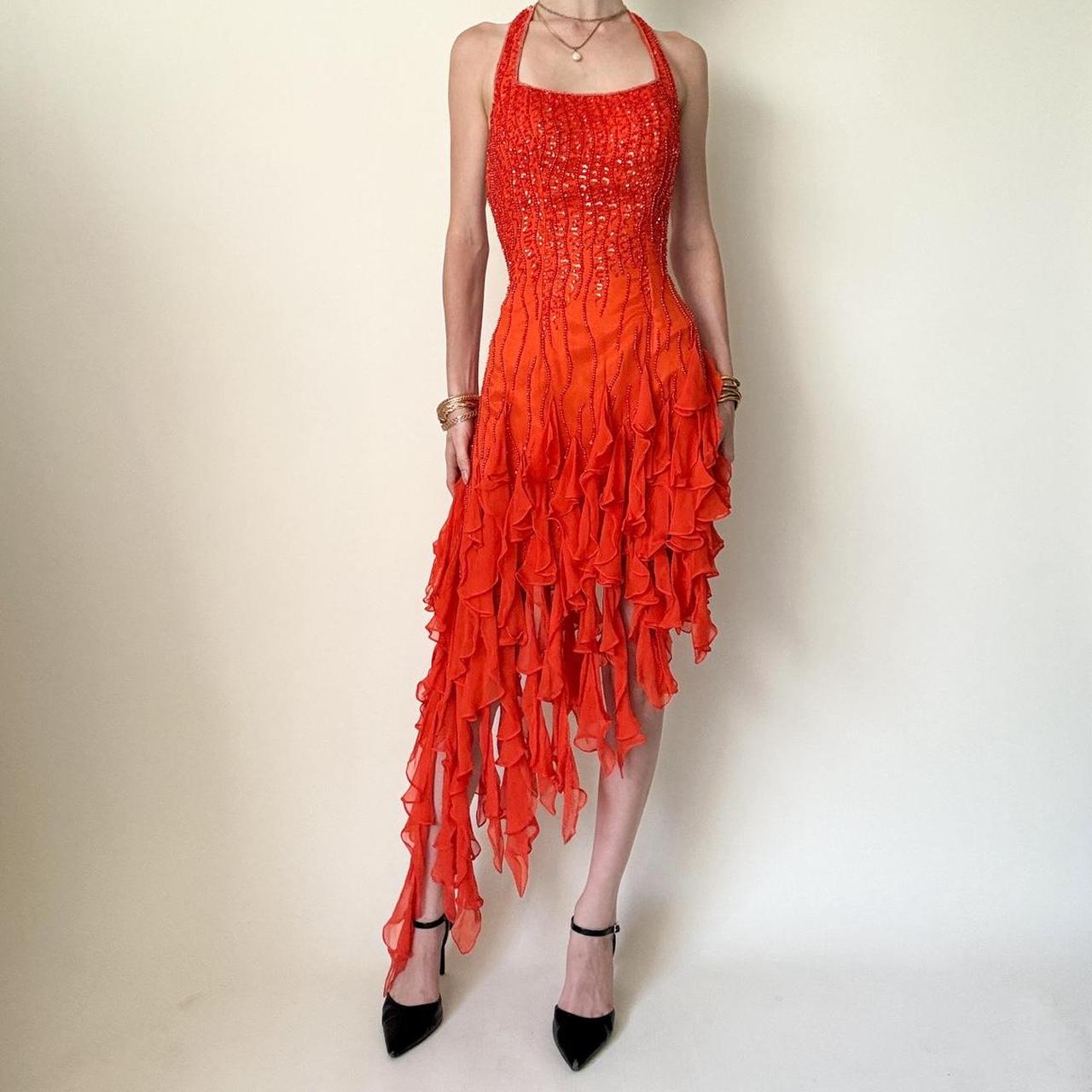 Girlhomeshops-Orange Sequin Beaded Ruffle Chiffon Short/Mid-Length Homecoming Dress Dance Dress Party Dress gh5084