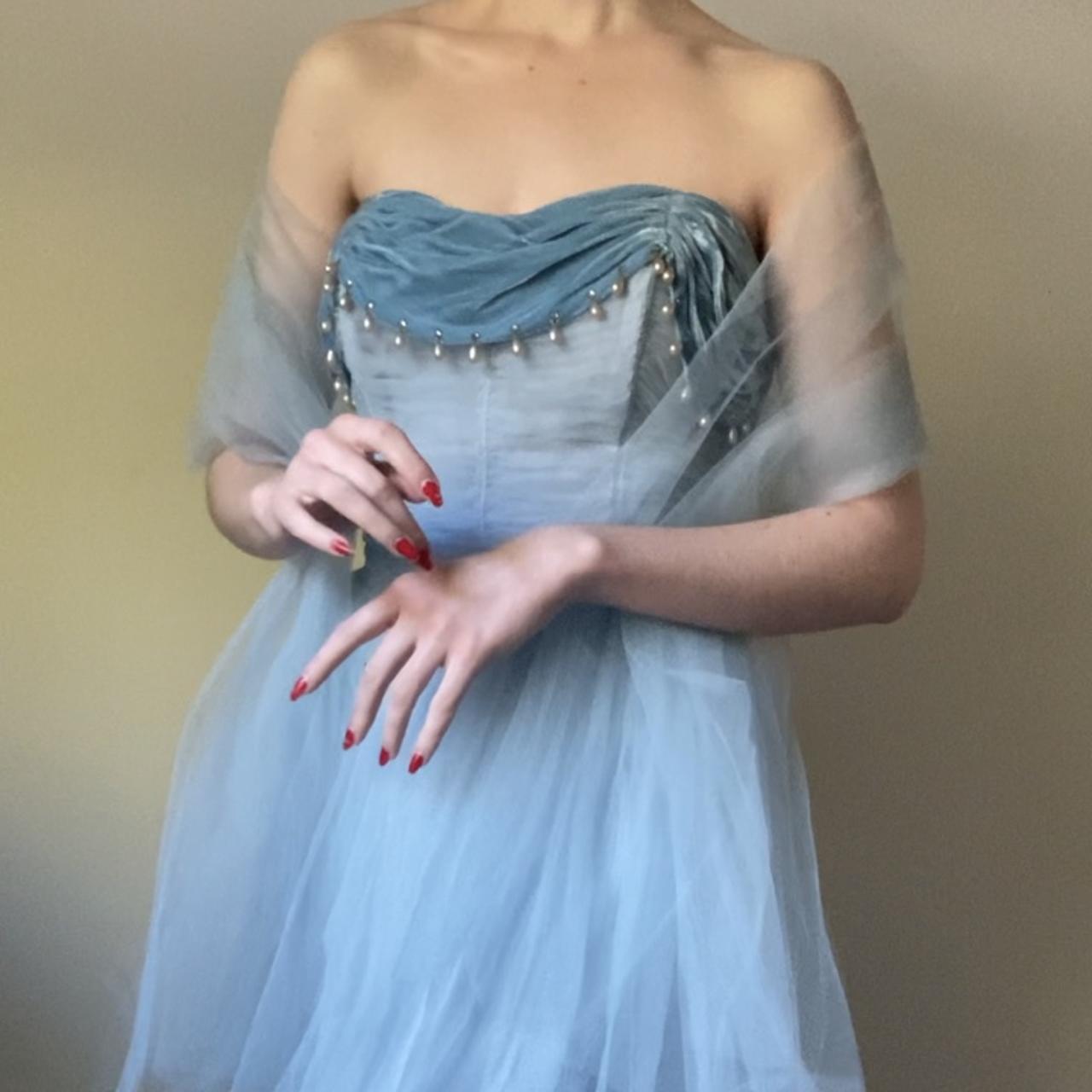 Blue Vintage Elegant Pearl Long Tulle Ball Gown Evening Gown Party Dress gh3306