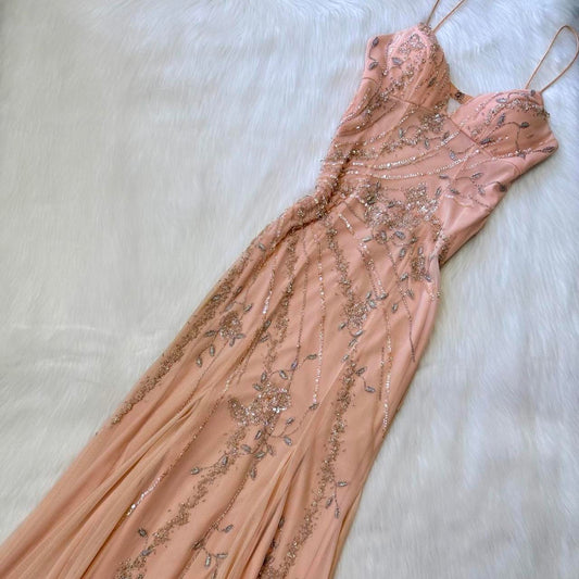 Robe de soirée longue en mousseline de soie, style vintage, couleur pêche, crème, délicate, argentée, à fleurs, paillettes, perles, robe de bal, robe de fête d'anniversaire, gh3809