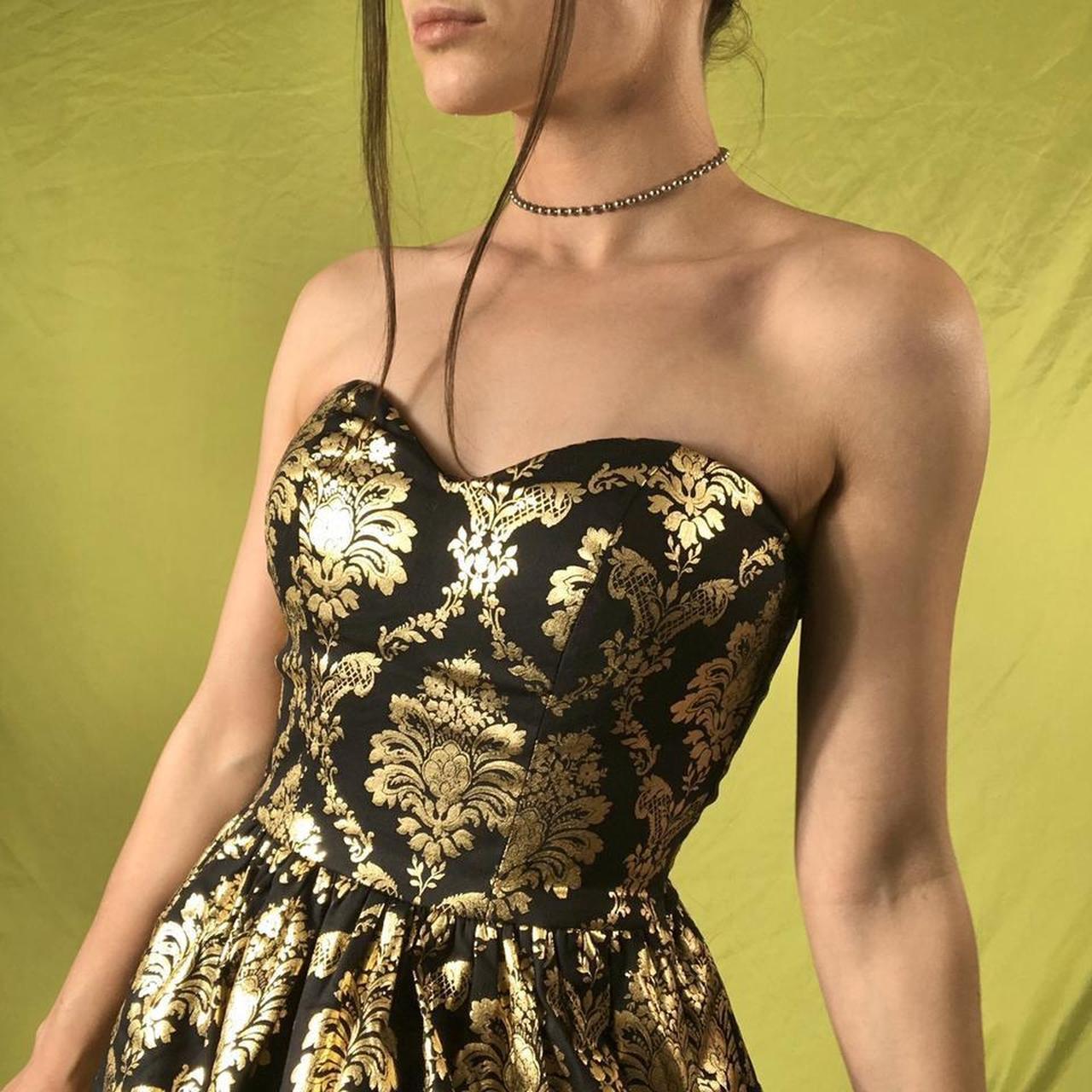 🖤 Y2K Gold and Black Fashion Jacquard Brocade Printed Mini Short Homecoming Dress Cocktail Dress Party Dress gh4610