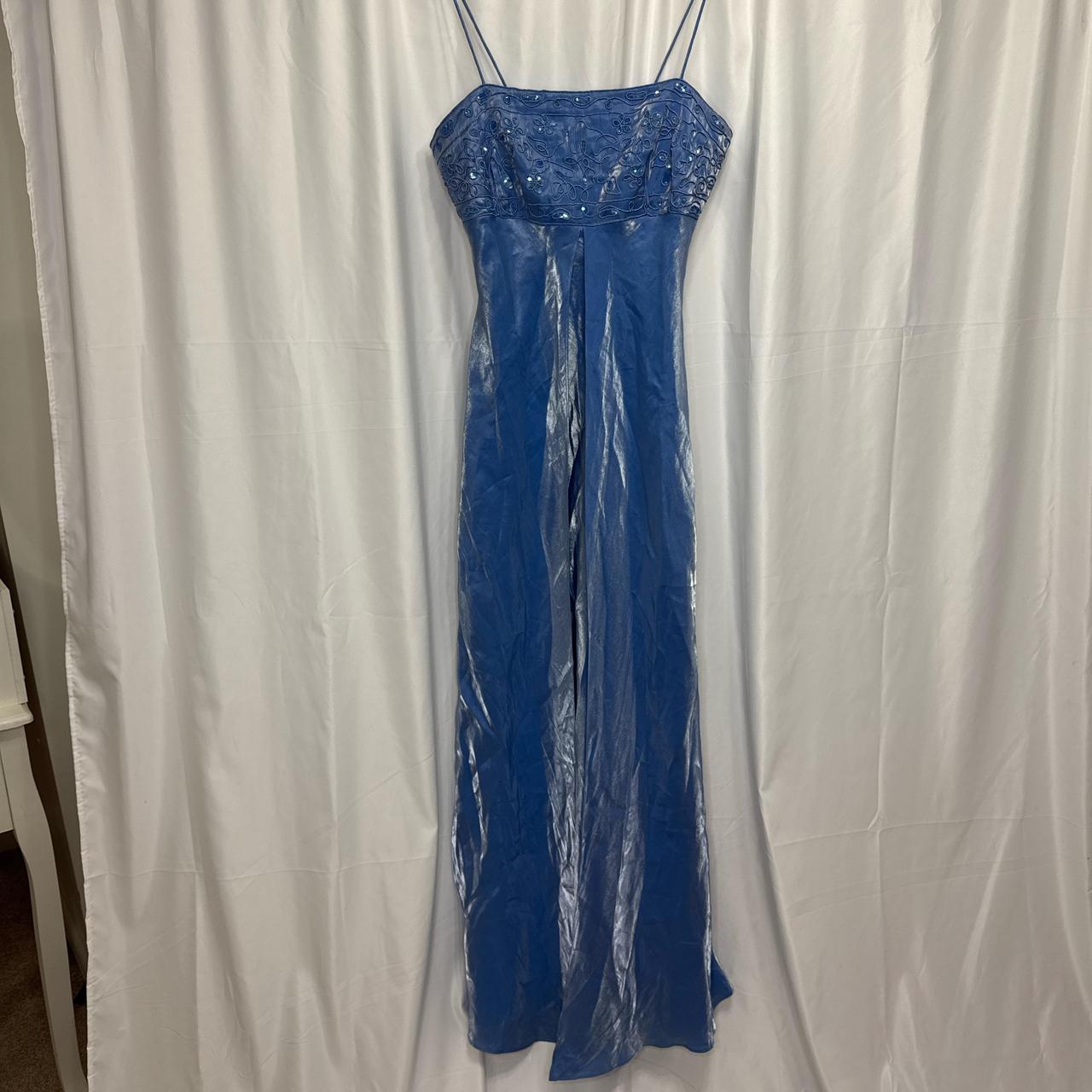 Robe de soirée longue en satin et tulle, bleu, style vintage, avec fines bretelles et perles, robe de bal, gh3893
