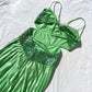 Robe de soirée en satin vert vintage, décolleté plongeant en V, exquise, à paillettes et perles, longue, dos nu, robe de bal, robe de soirée, robe de fête d'anniversaire, gh3960