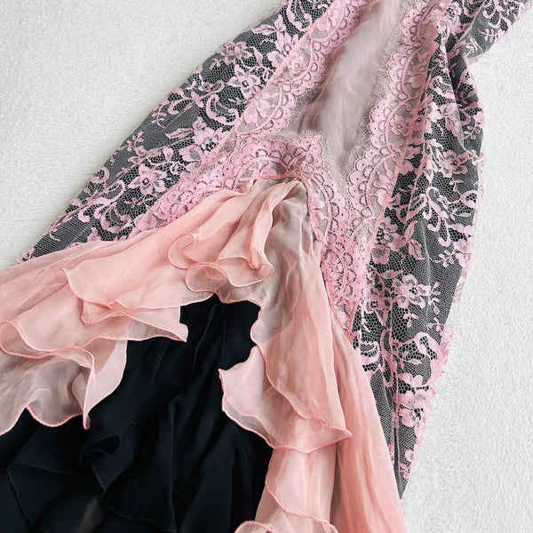 Pink Fashion Suspender Exquisite Lace Long Ruffled Ball Gown Evening Dress Party Dress gh3301