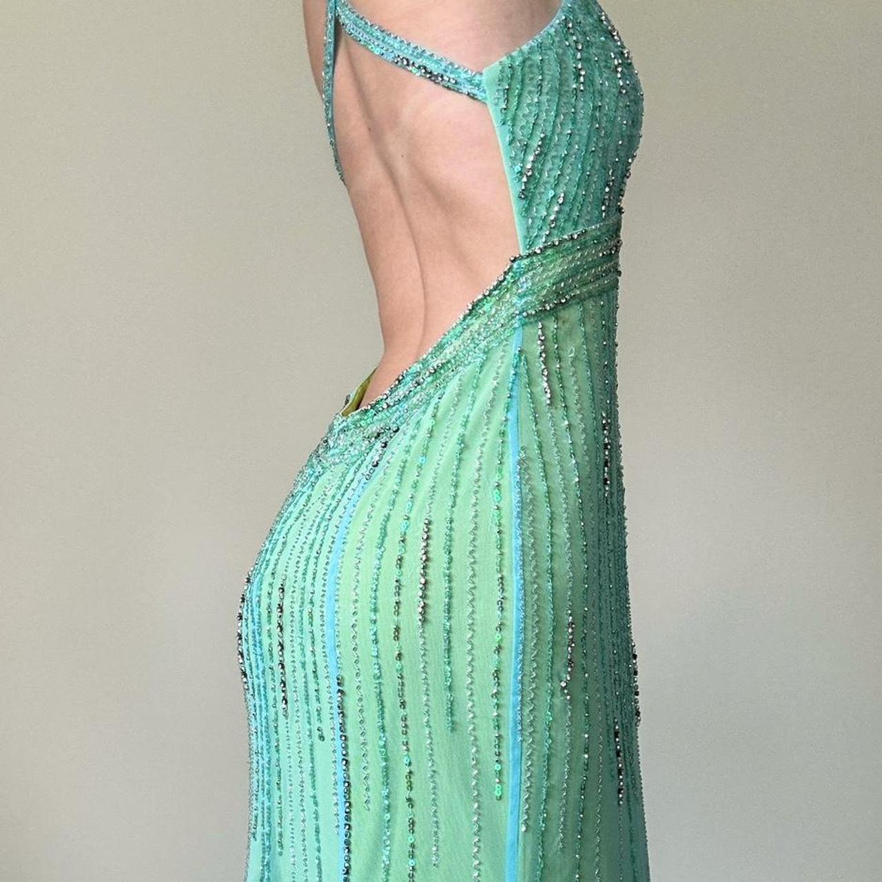 Robe de bal longue en tulle vert bleu vintage avec perles et strass pour femme, coupe sirène, coupe ajustée, dos nu, superbe robe de soirée formelle, gh4589