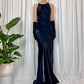 Dark Blue Sparkling Elegant Delicate Beaded Gorgeous Turtle Neck Long Satin Ball Gown Evening Gown Party Dress Prom Gown gh3716