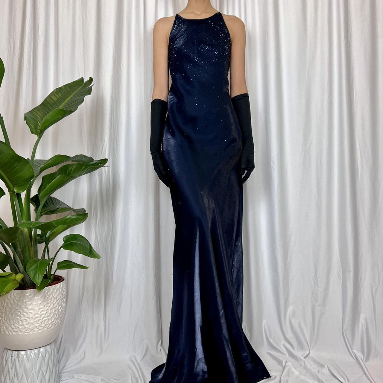 Dark Blue Sparkling Elegant Delicate Beaded Gorgeous Turtle Neck Long Satin Ball Gown Evening Gown Party Dress Prom Gown gh3716