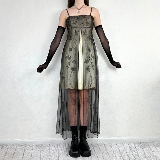 Girlhomeshops--Vintage pale gold and black floral beaded long chiffon homecoming dress formal gown prom dress gh5495