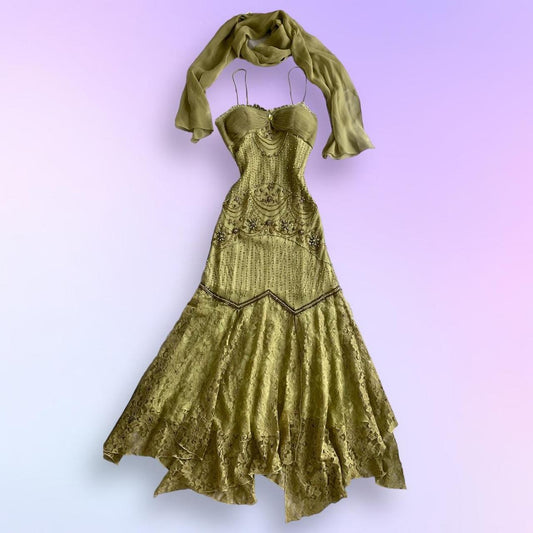 Robe de soirée longue en mousseline de soie et dentelle, élégante et élégante, style rétro, fantaisie, strass, pierres précieuses, perles, bretelles spaghetti, gh3755