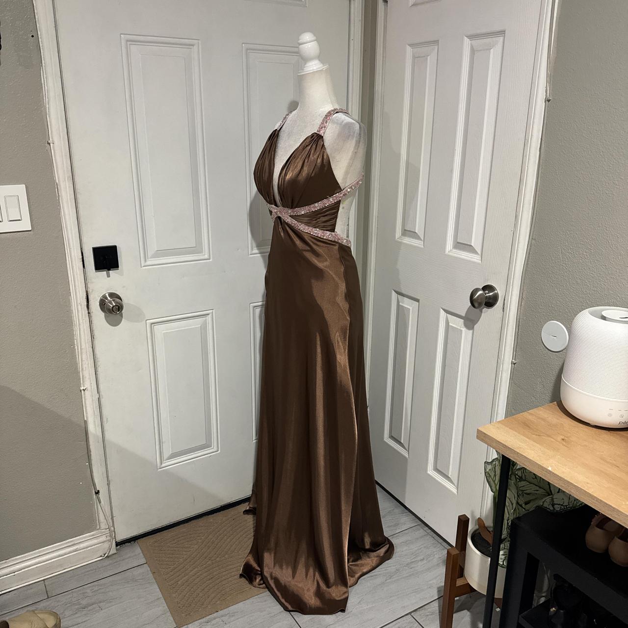 Robe de soirée longue en satin marron, élégante et perlée, col en V, robe de bal, gh4568
