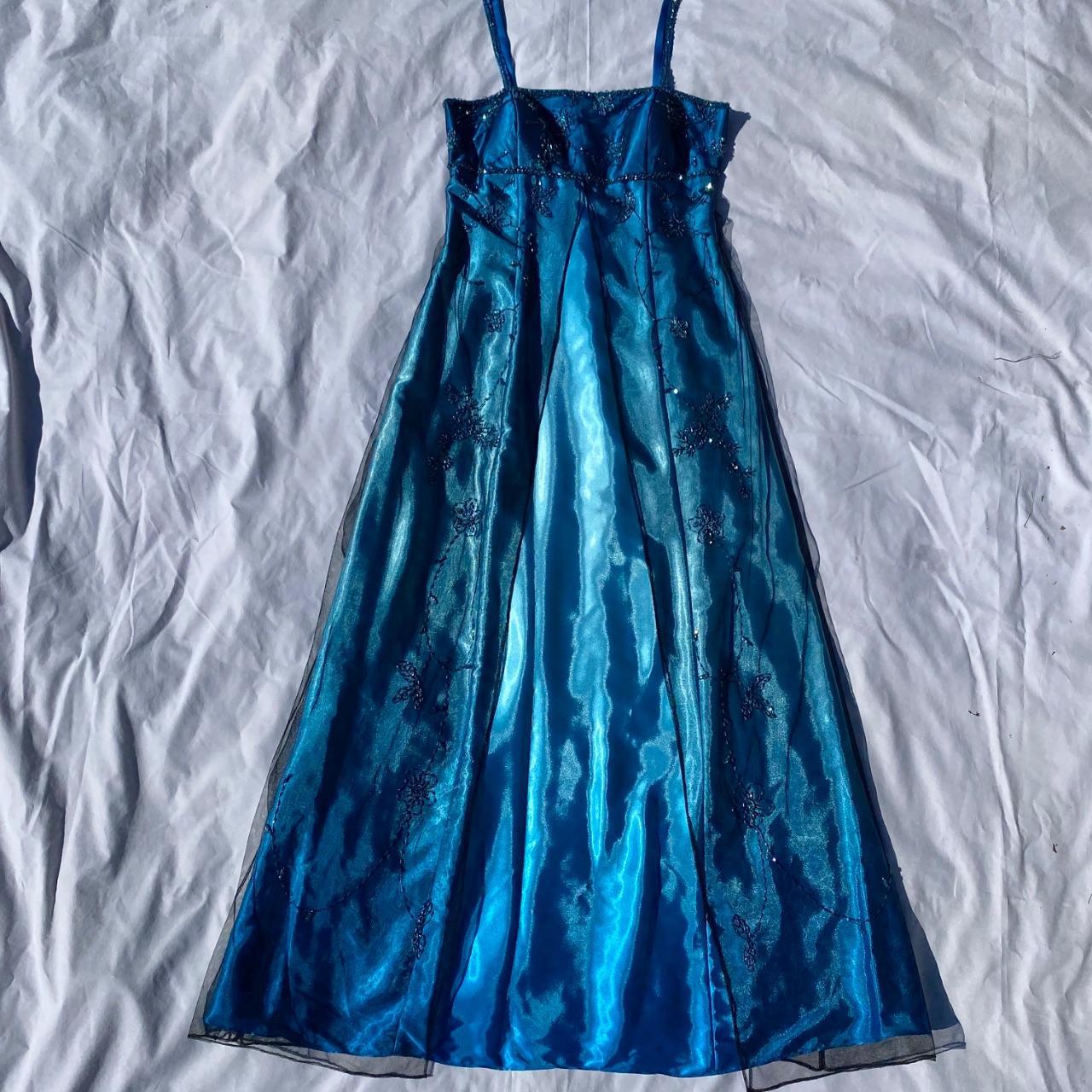 Robe de soirée longue en satin et tulle, style vintage, bleu délicat, motif floral, perles, ombré, bretelles spaghetti, col carré, robe de bal, robe de fête d'anniversaire, gh3957