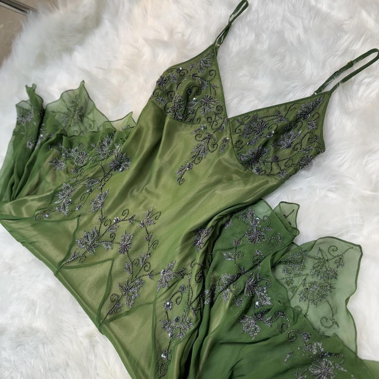 Robe longue en mousseline de soie, élégante et exquise, verte, vintage, brodée de fleurs, à bretelles, robe de soirée, robe de bal, gh3720