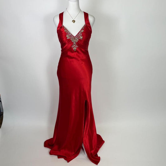 Robe de soirée longue en satin à bretelles spaghetti et perles, élégante et rouge, robe de bal fendue, robe de soirée, robe de soirée gh3542