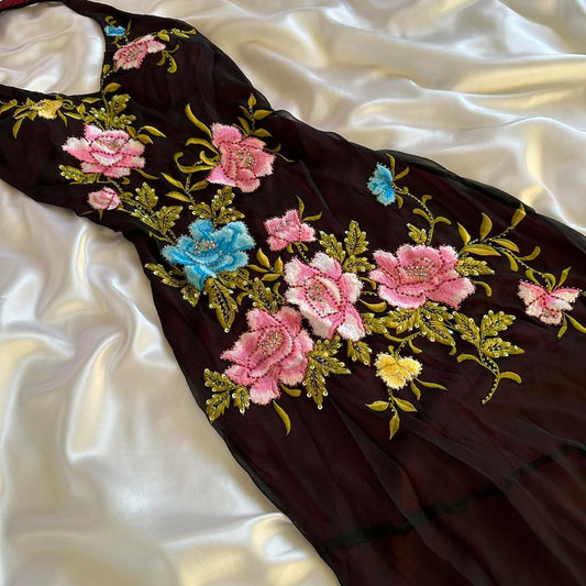 Robe de soirée longue et élégante, motif floral coloré, broderie exquise, style vintage, gh4450