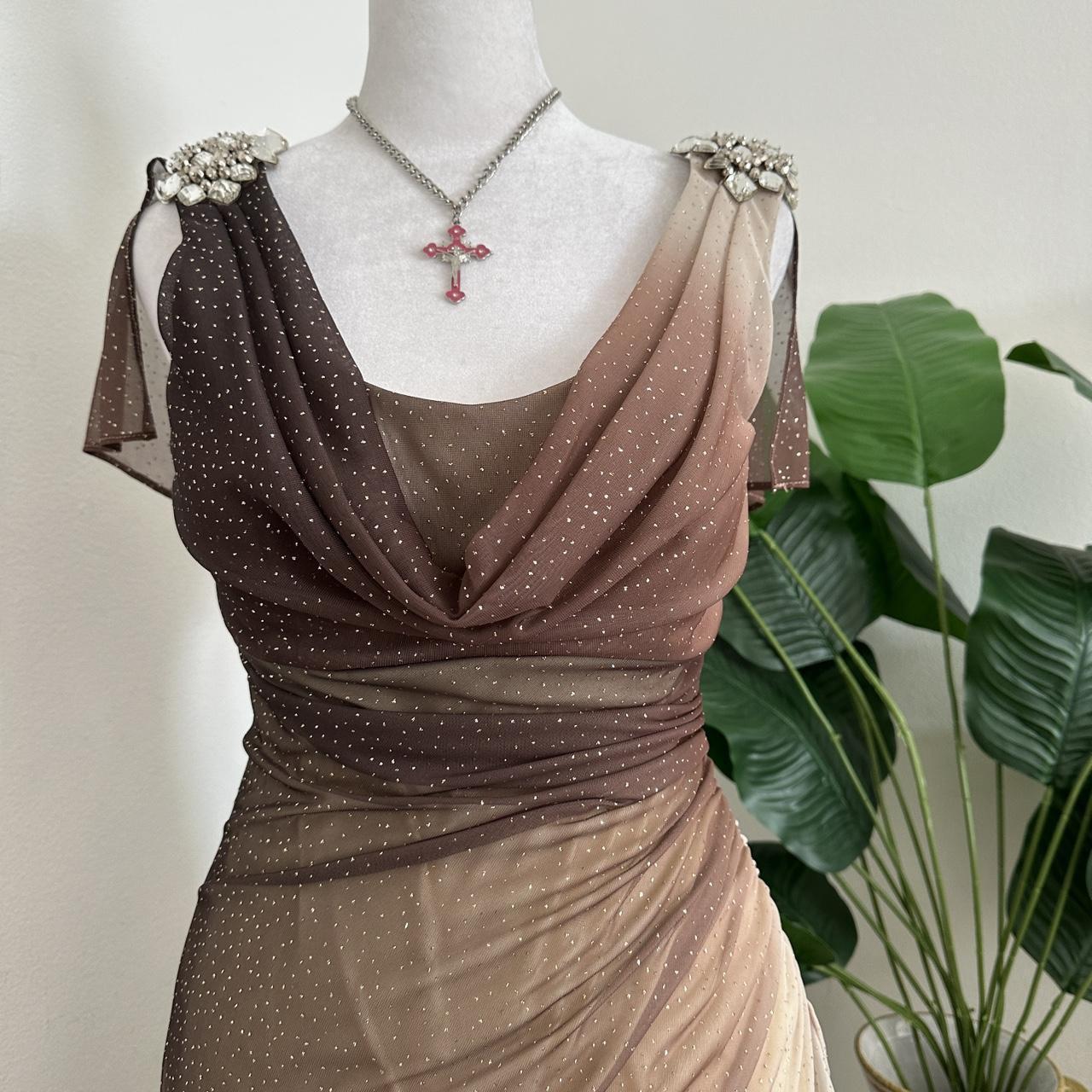Robe de soirée longue en mousseline de soie, élégante et délicate, avec strass, style vintage, scintillante, marron et crème, ombrée, superbe, robe de fête d'anniversaire, robe de bal féerique, robe de remise de diplôme, gh3891