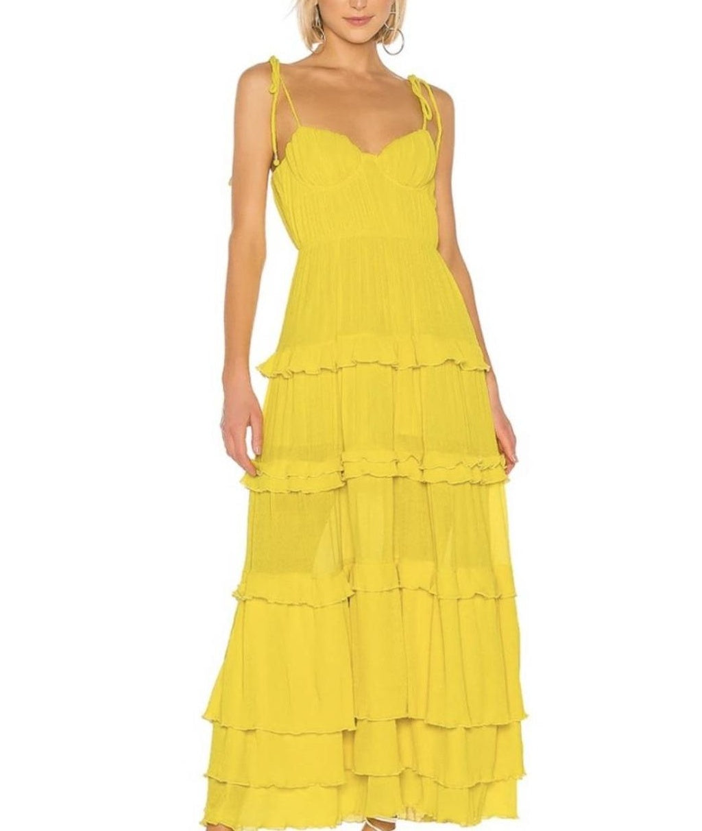 Yellow fashion elegant simple spaghetti strap long chiffon tiered ball gown evening dress party dress gh2788