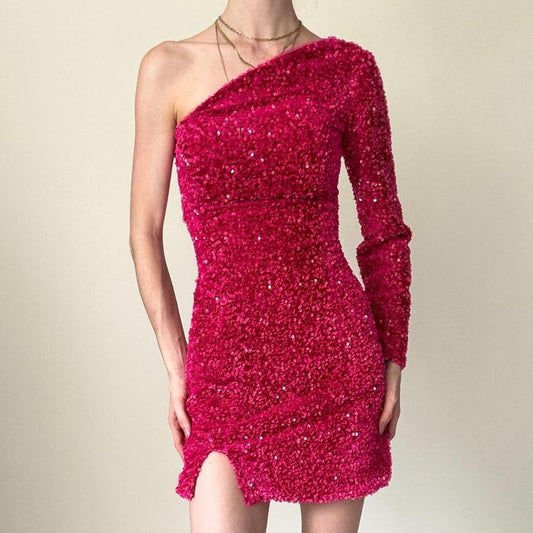 Pink Sequin One Shoulder Mini Short Velvet Homecoming Dress Cocktail Dress Birthday Party Dress gh4594