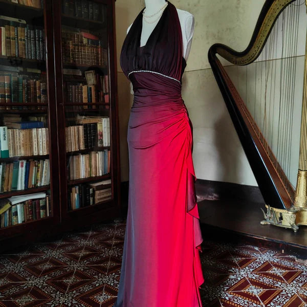 Burgundy retro gradient fashion elegant exquisite beaded sling long chiffon ball gown, evening dress, party dress,prom dress gh3528