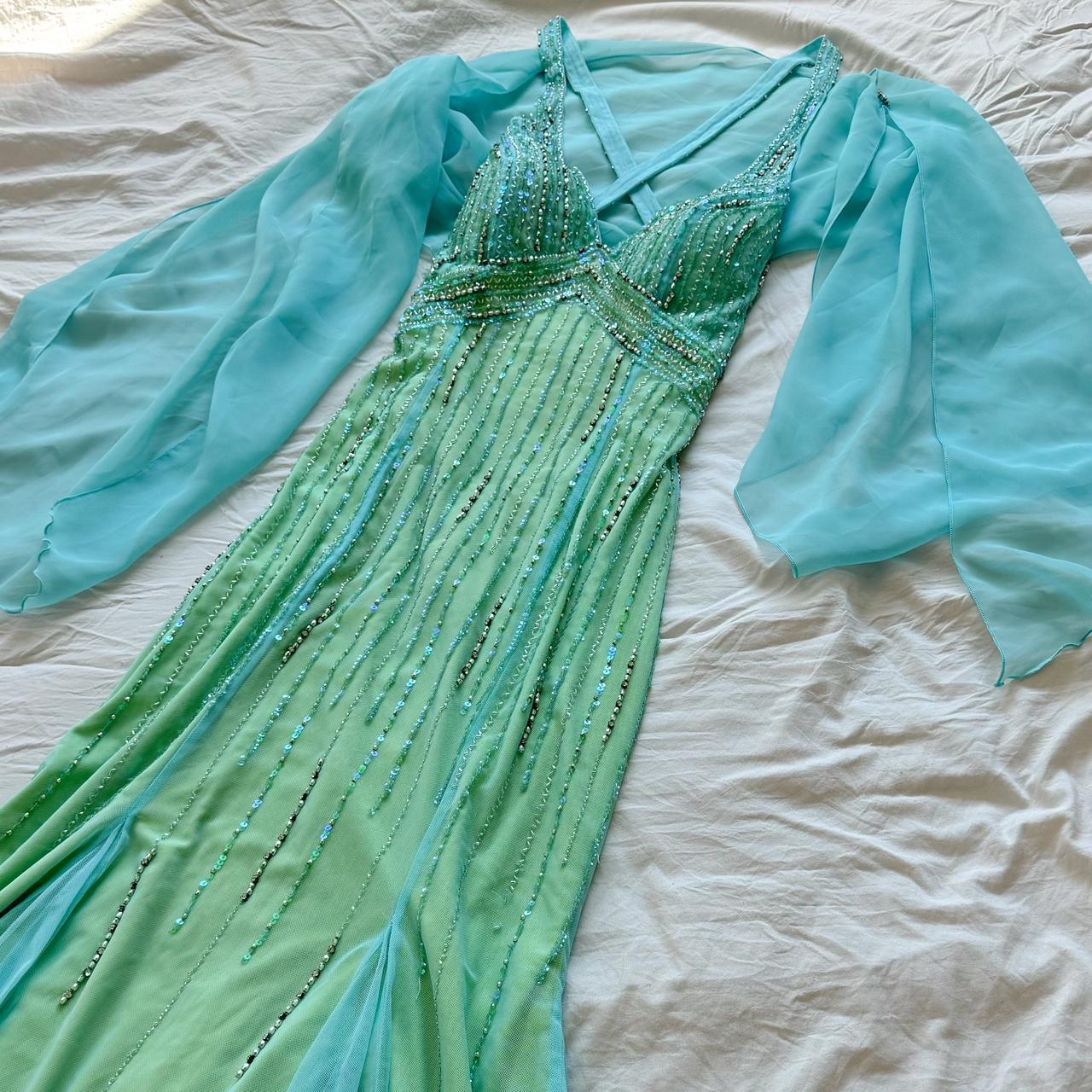 Robe de bal longue en tulle vert bleu vintage avec perles et strass pour femme, coupe sirène, coupe ajustée, dos nu, superbe robe de soirée formelle, gh4589