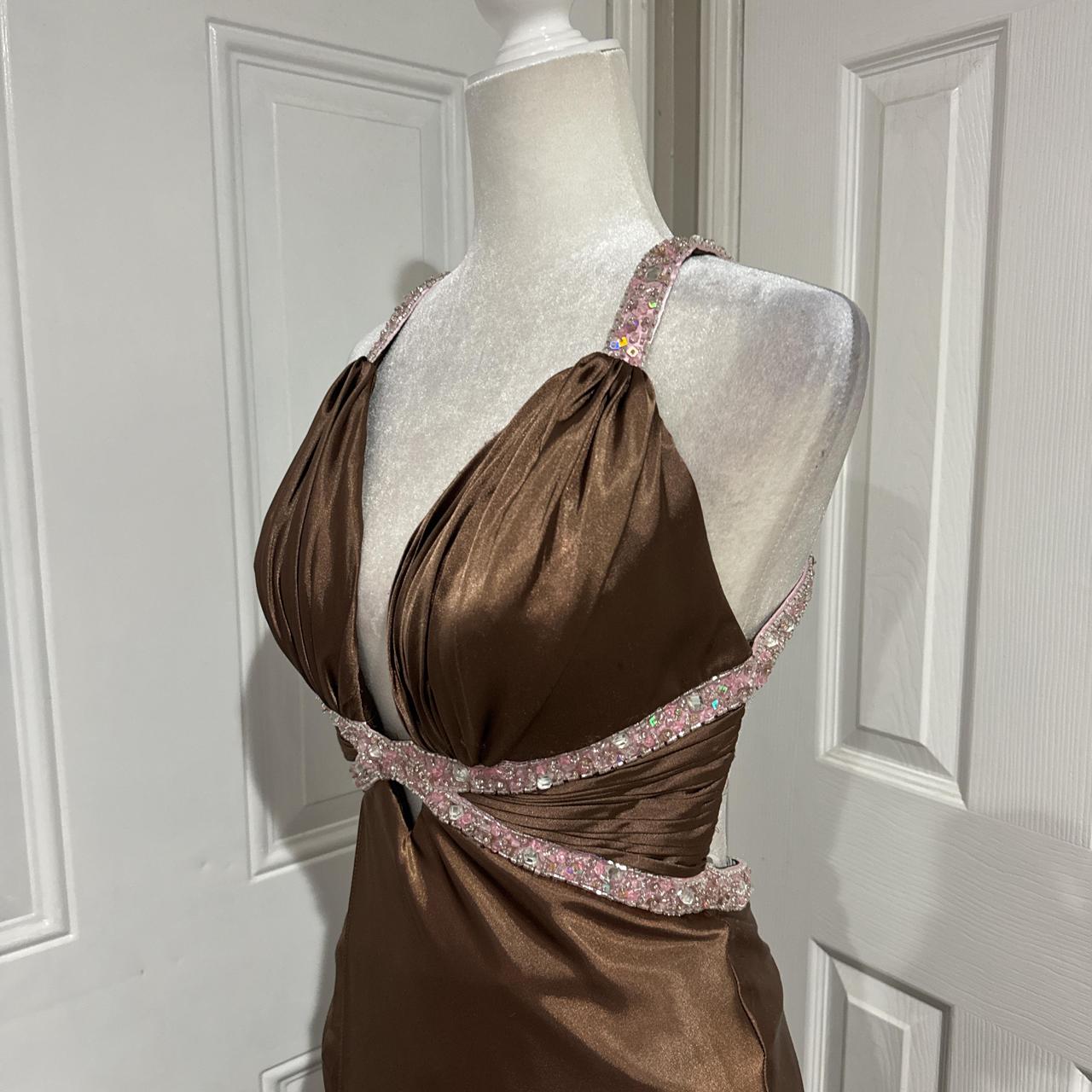Robe de soirée longue en satin marron, élégante et perlée, col en V, robe de bal, gh4568