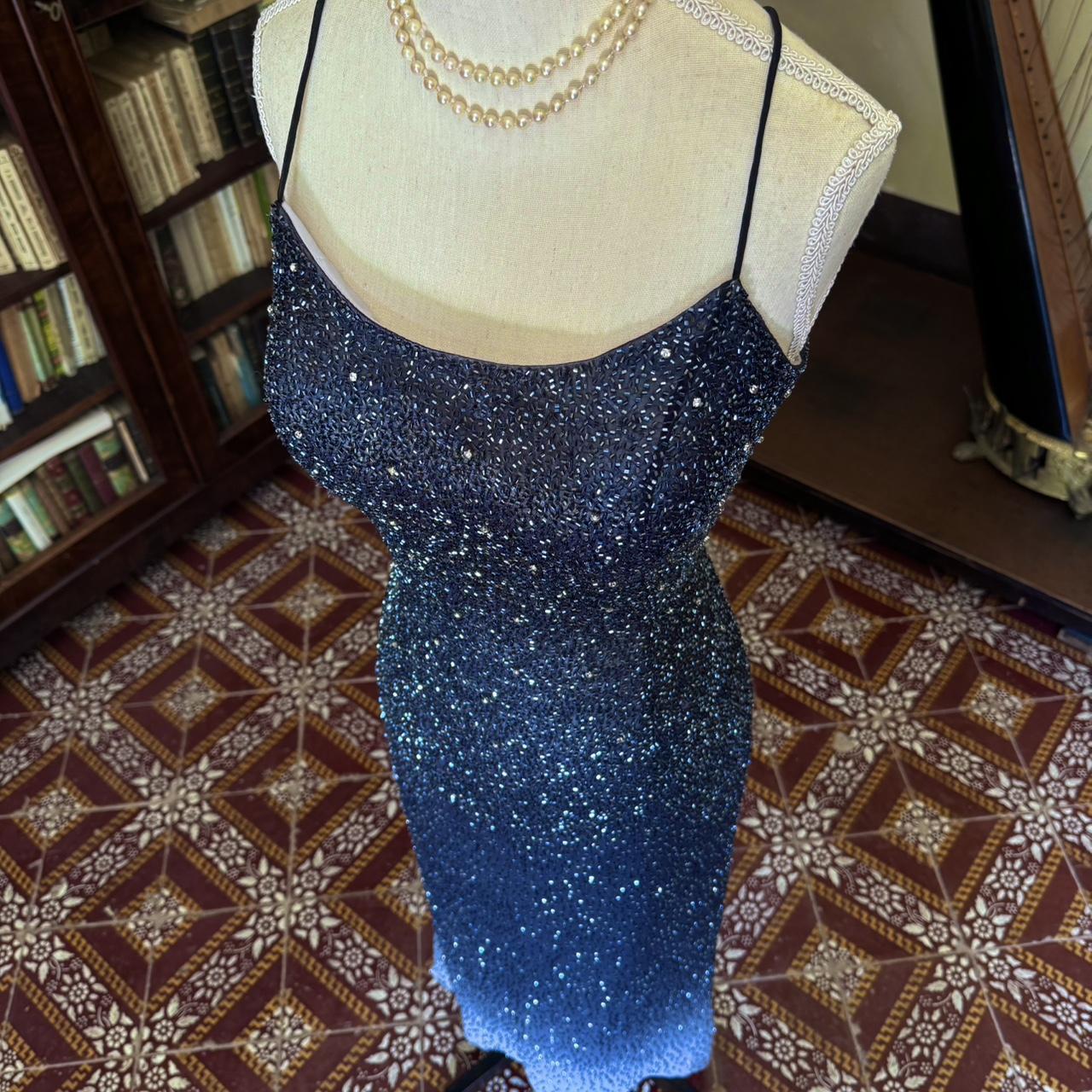 Girlhomeshops--Vintage blue grey gradient beaded sequined long chiffon prom dress gh5540