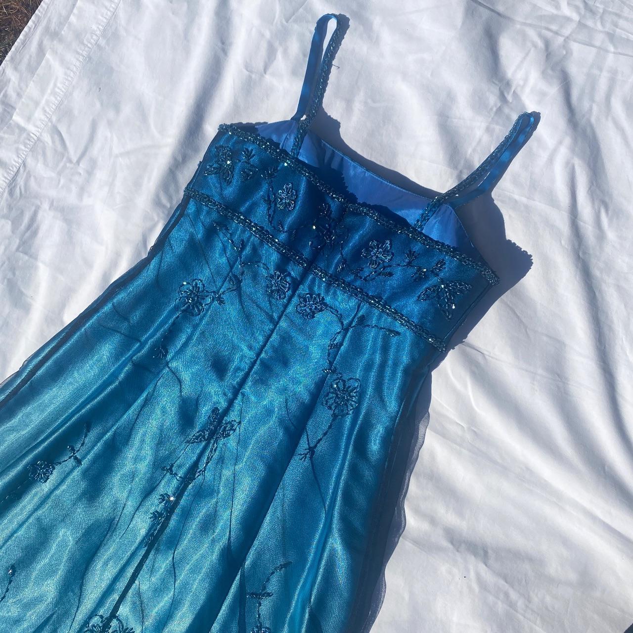 Robe de soirée longue en satin et tulle, style vintage, bleu délicat, motif floral, perles, ombré, bretelles spaghetti, col carré, robe de bal, robe de fête d'anniversaire, gh3957