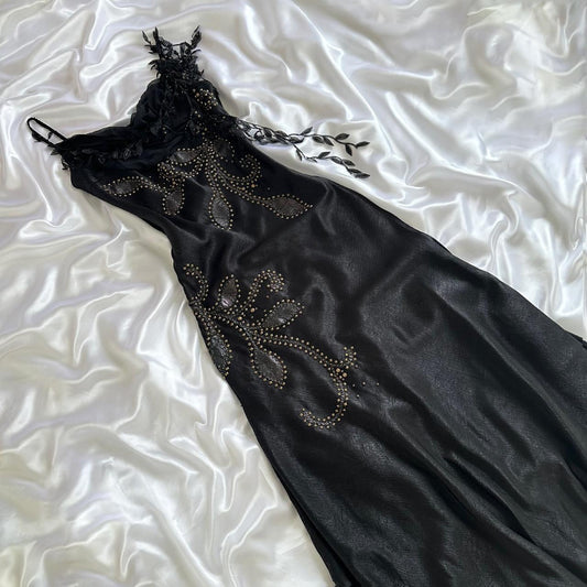 🦢🖤Black Vintage Glam Rock Unique Fashion Beautiful Elegant Exquisite Gold Stud Beads Long Satin Ball Gown Evening Gown Birthday Party Dress Prom Dark Fairy/Black Swan gh3914