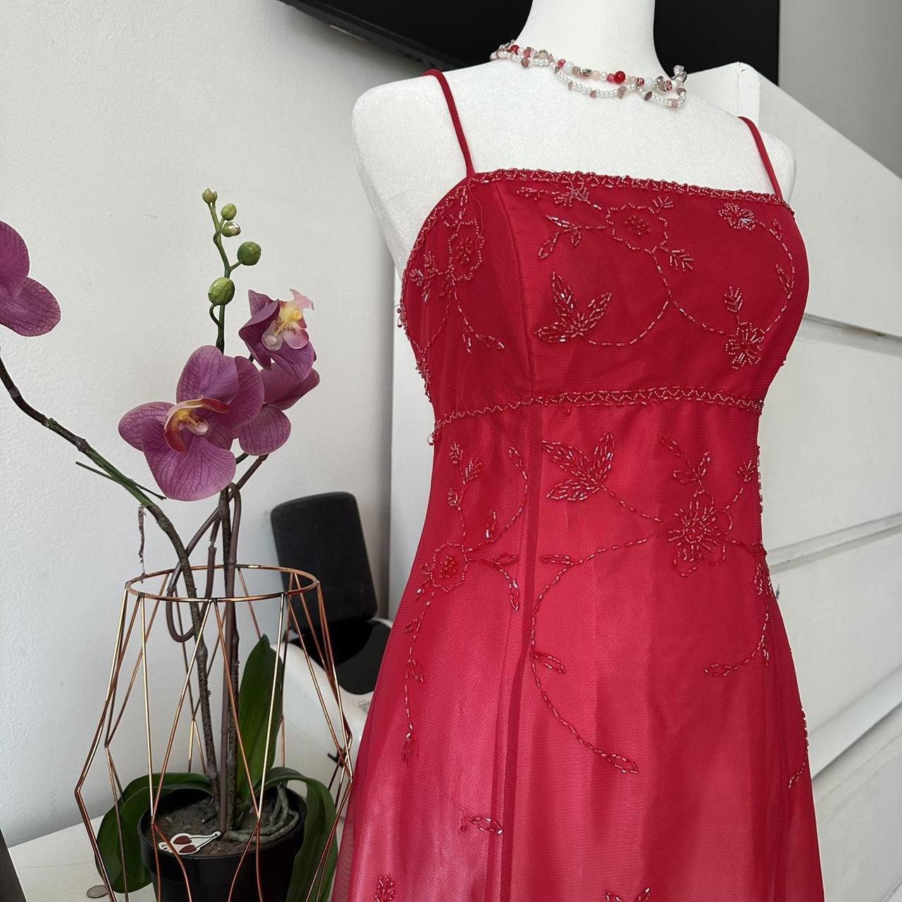 Robe de soirée longue en tulle, élégante et délicate, style rétro, dégradé de rouge et de rose, à fleurs, dos nu, à lacets, à fleurs, pour bal de promo, anniversaire, remise de diplôme, gh3887