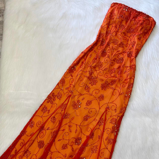 Magnifique robe de soirée vintage orange, motif floral délicat, paillettes, perles, dos nu, longue, en tulle, mousseline de soie, robe de bal, robe de fête d'anniversaire, gh3806