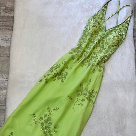 Robe de soirée longue en mousseline de soie, vert clair, vintage, superbe, argentée, florale, perlée, pour femme, robe de bal, gh4285