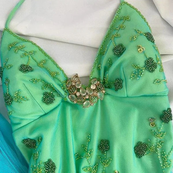 Blue Green Forest Moonlight Goddess Backless Mermaid Style Beading Elegant Long Chiffon Birthday Dress Prom Dress Party Dress Homecoming Dress  gh4671