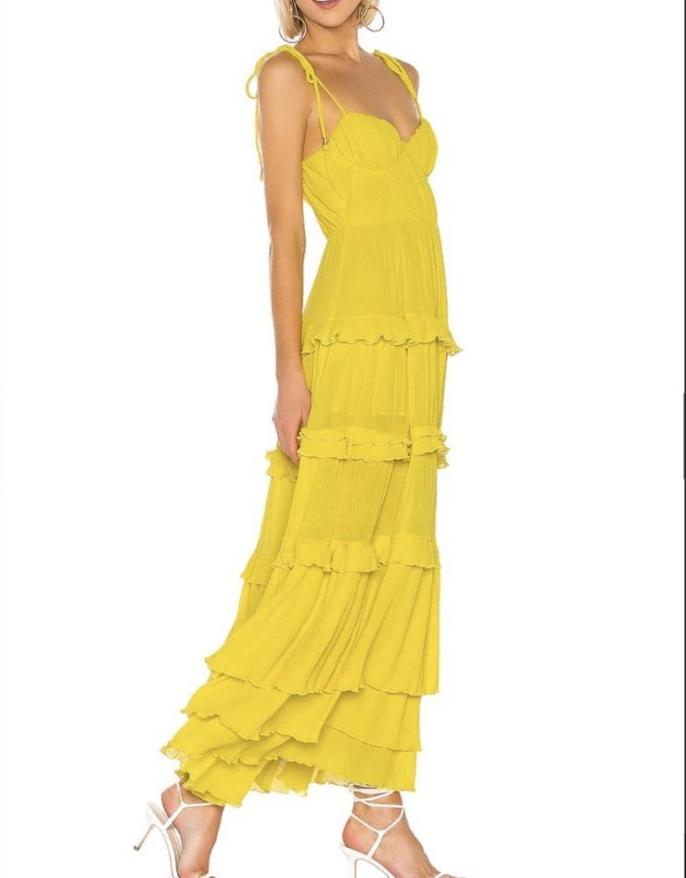 Yellow fashion elegant simple spaghetti strap long chiffon tiered ball gown evening dress party dress gh2788