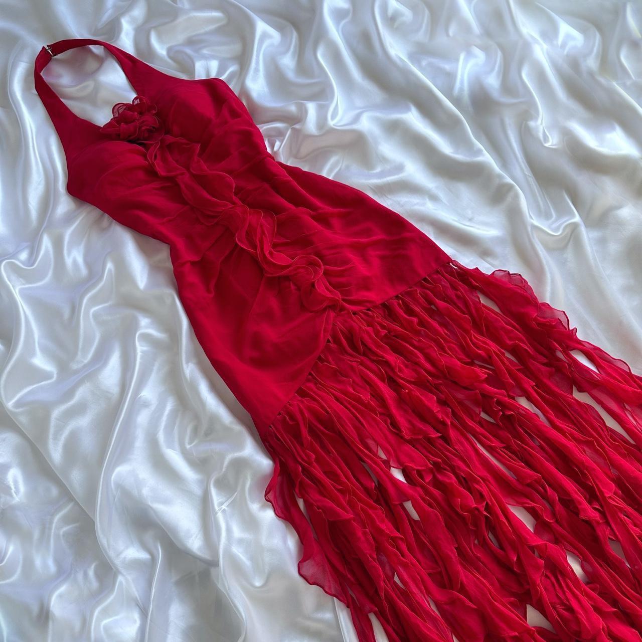 Robe de soirée longue en mousseline de soie, élégante et unique, à volants, motif floral, rouge, magnifique, à la mode, gh3561