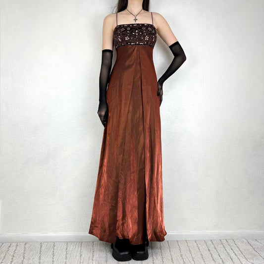 Girlhomeshops--Vintage exquisite brown beaded floral long satin formal gown ball gown gh5499