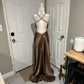 Robe de soirée longue en satin marron, élégante et perlée, col en V, robe de bal, gh4568